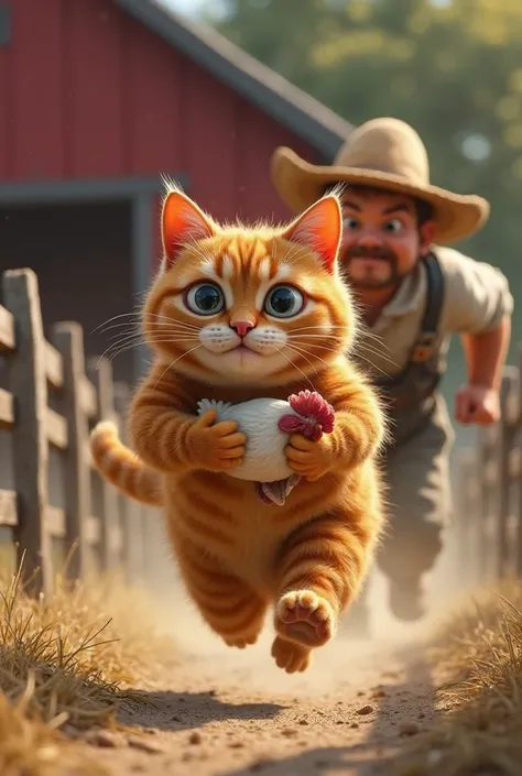 " A realistic orange cat ,  a little chubby , running standing like a human, holding a chicken in his hands. The cat has detailed and expressive fur, with wide eyes and an expression of despair as it flees. Behind him, a rustic-looking farmer, wearing a st...