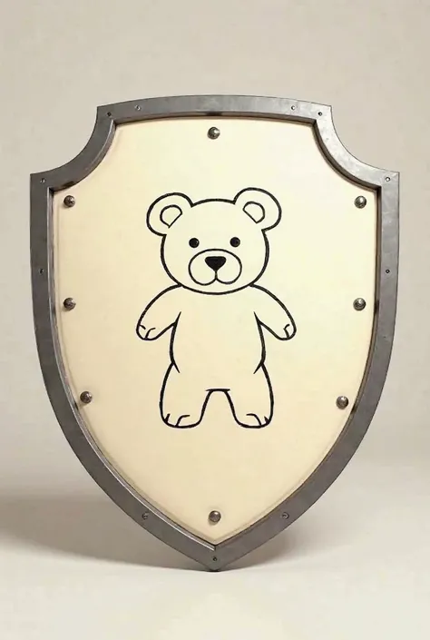 Create me an image of a cream-colored shield with steel edges and a teddy bear traced in black lines in the center of the full body shield