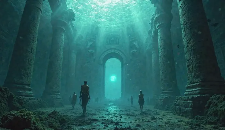 The ghostly ruins of Heracleion, with misty water and eerie lighting.