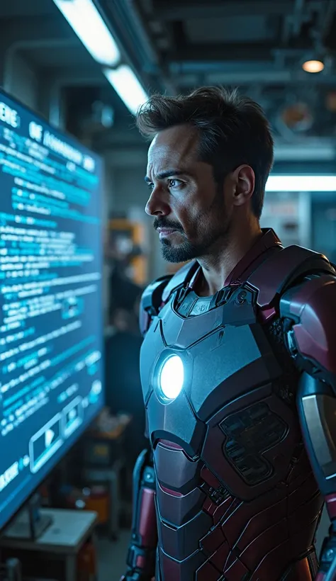 Tony Stark struggling to update his Iron Man suit software, staring at a blue screen that says 'ERROR: SOS REQUIRED', frustrated expression.