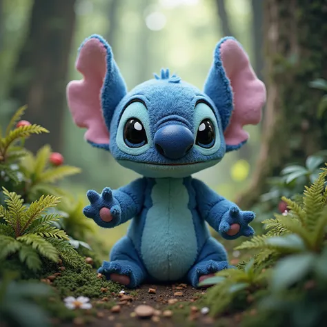 Ultra-realistic cute Stitch like a stuffed animal , In the background a forest 