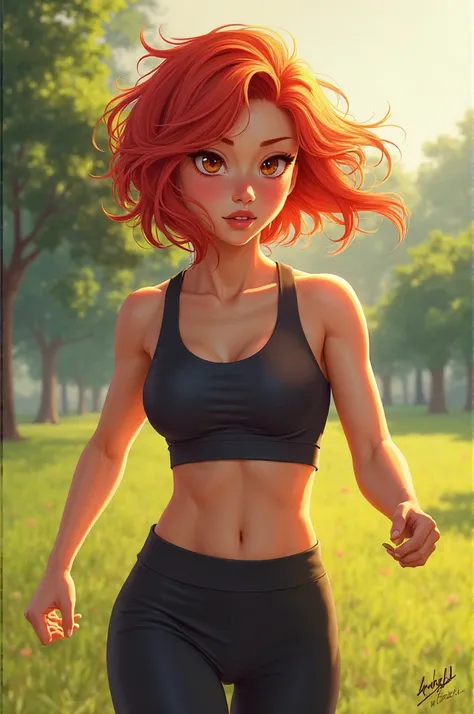 girl with red hair dressed in sportswear