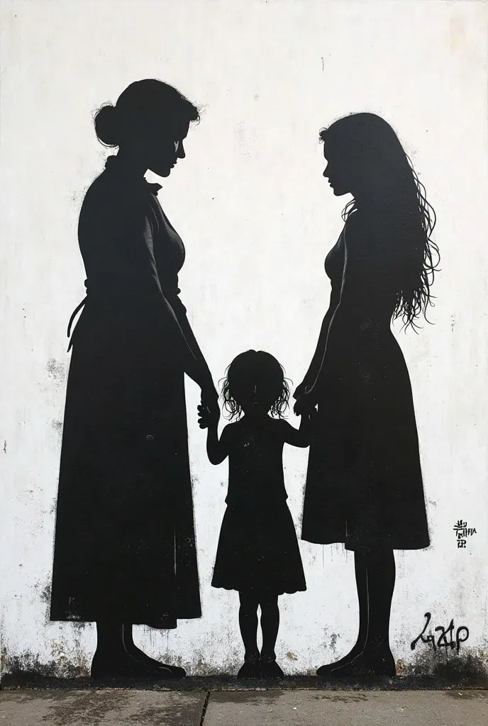 Banksys artwork, generational trauma in family. from grandma to mother. from mother to daughter, In black and white silhouette. 