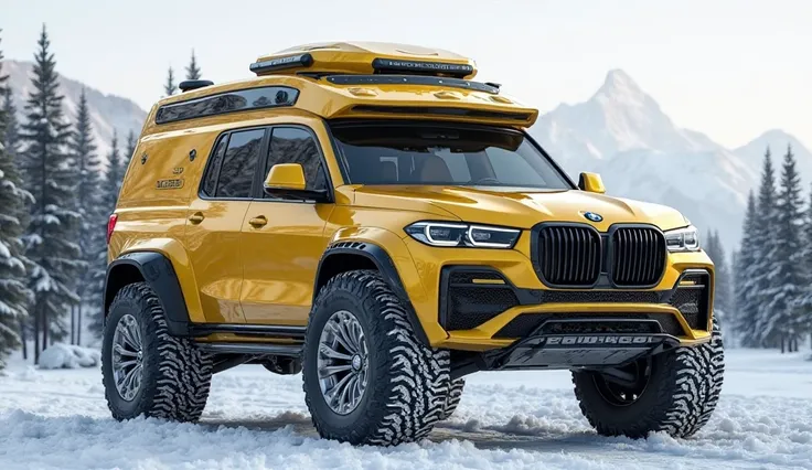 ☃️💨"Stunningly realistic 3D render of a colossal, heavily armored 2025 (BMW X5M) Motorhome 
designed for off-road adventures. Features include enormous off-road tires with silver-colored wheels, reinforced metal panels, and an aggressive front  view. The v...