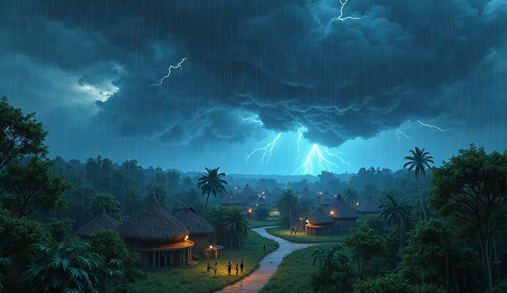 rain and thunder, they were very big, in that African village, surrounded by forest, pixar 3D animation style