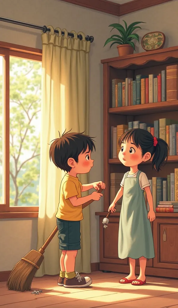 "A young man  cleaning the celling with broom, a young woman  is dusting on the book shelf. The scene is comical, with exaggerated expressions and warm, cozy tones. with a soft, storybook-style illustration similar to Puuung or Studio Ghibli." "