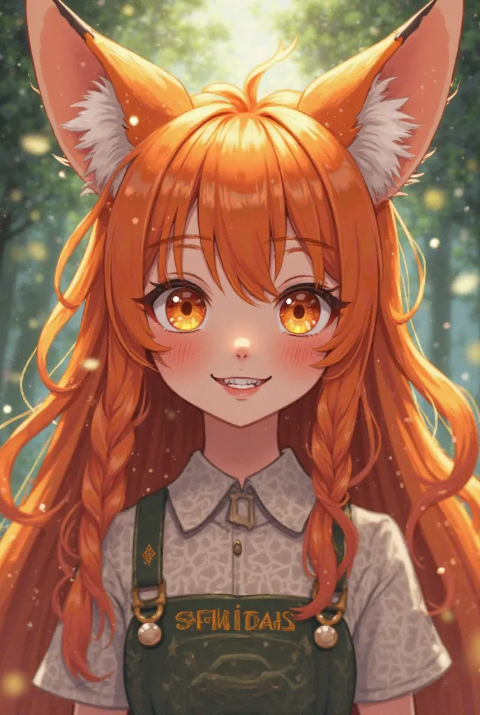 Orange-haired anime fox girl with a smile on her face showing her canine teeth