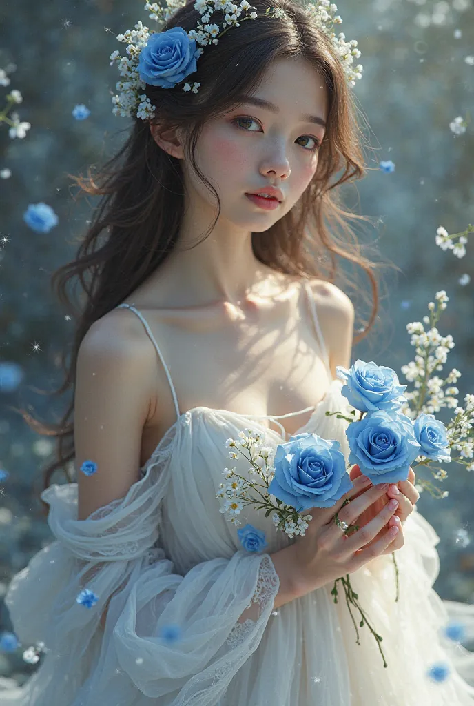 short,  with brown hair, large, brown-colored eyes, Blue roses on the hands of a long white dress, a girl with small white flowers in her hair 