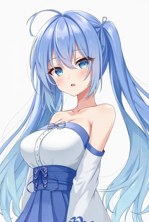 score_9, score_8_up, score_7_up, score_6_up, 1girl, solo, looking at viewer, blue hair, very long hair, twintails, gradient hair, blue eyes, detached sleeves, off shoulder, blue bandeau, 
big breasts, lips, cleavage, Piltover University