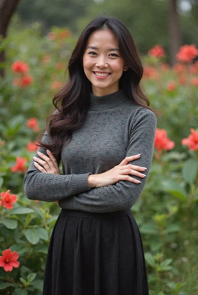 slightly curvy Indonesian woman with long dark hair,  wearing a casual gray sweater and black maxi skirt , standing near a flower garden ,  smiling charmingly in front of the camera .