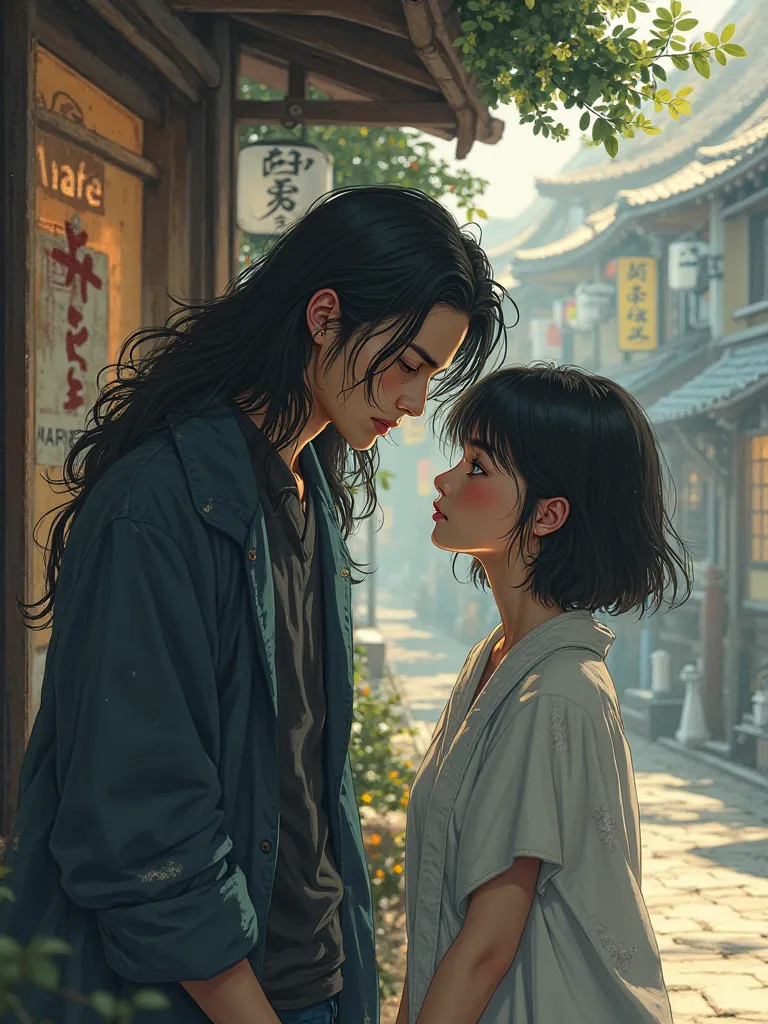 long haired man（expression sorry）with short haired woman（表情哀傷）2D cover drawing outside cafe，background Japanese style、Slightly sad，Previous text title「An unfinished story」，Fonts are a bit artistic