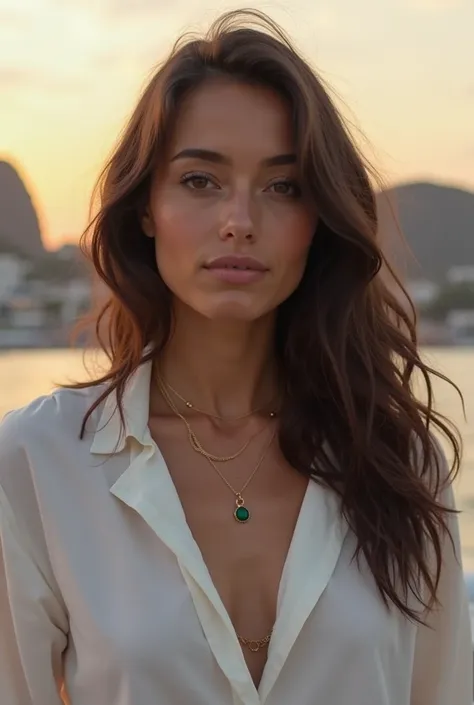 Here Example of a prompt that you can use to generate an image similar to the person in Photo with the background of Rio de Janeiro:

"This is a fair-skinned woman with wavy dark brown hair and brown eyes. She wears a white blouse with a neckline and a del...