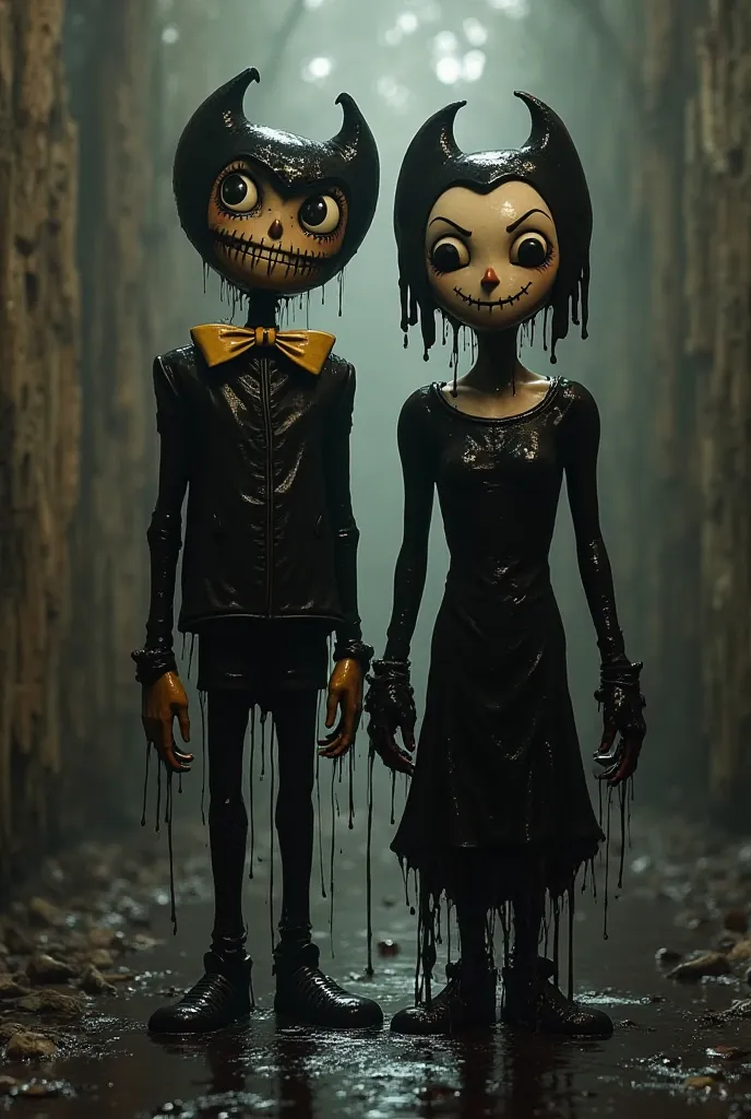 The distorted Alice from Bendy and the ink machine and Bendy are standing side by side