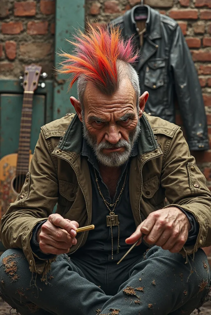 old man with a punk crest brushing his hair with a broken leather jacket and guitar in the background - with a brick background