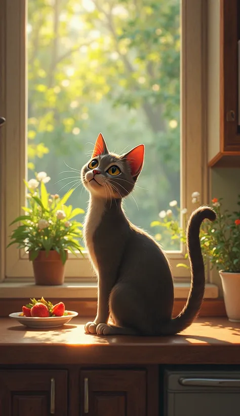 A cat enjoys its meal in the kitchen, but suddenly, something moves in the garden! Is it a bird? A squirrel? Add suspenseful music and ask viewers to guess in the comments.