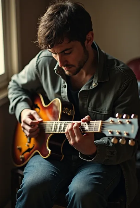 Man practicing electric guitar, alone, the song of the beatle