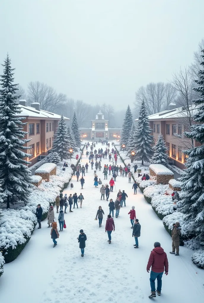 surreal images, The front of the square on the background of slightly undulating white snow. In the middle of the square many people gather for a walk, give a gift, snow removal, decorated with lights of the surrounding snow-covered pines, ren playing snow...