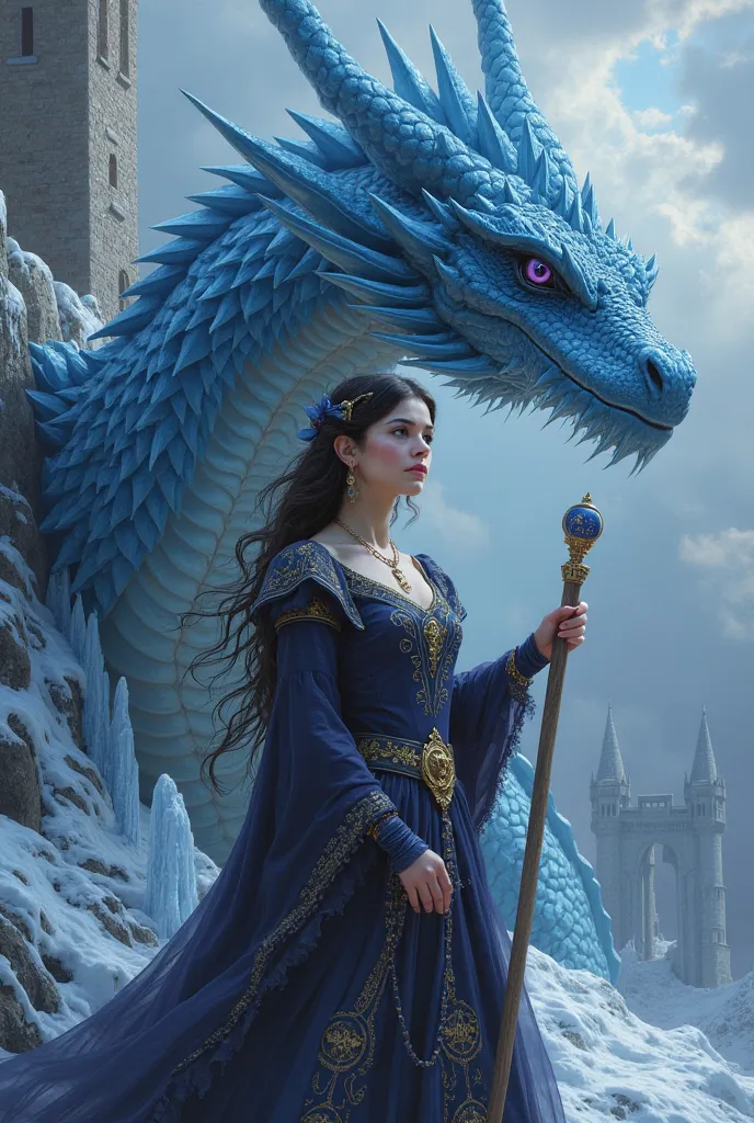 "A young woman of unearthly beauty, with violet eyes and a dark dress decorated with mystical symbols, holds a shining staff while standing next to a colossal dragon with crystalline blue scales. The medieval castle in the background appears frozen, with i...