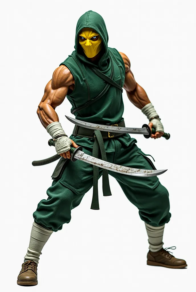 Side view profile of dark green ninja with yellow mask,, dirty white tactical gloves and taped forearms, dirty white  taped shin and feet, full body image, isolated on white background,  resin action figure quiron style, carry two sai weapons, in dynamic f...