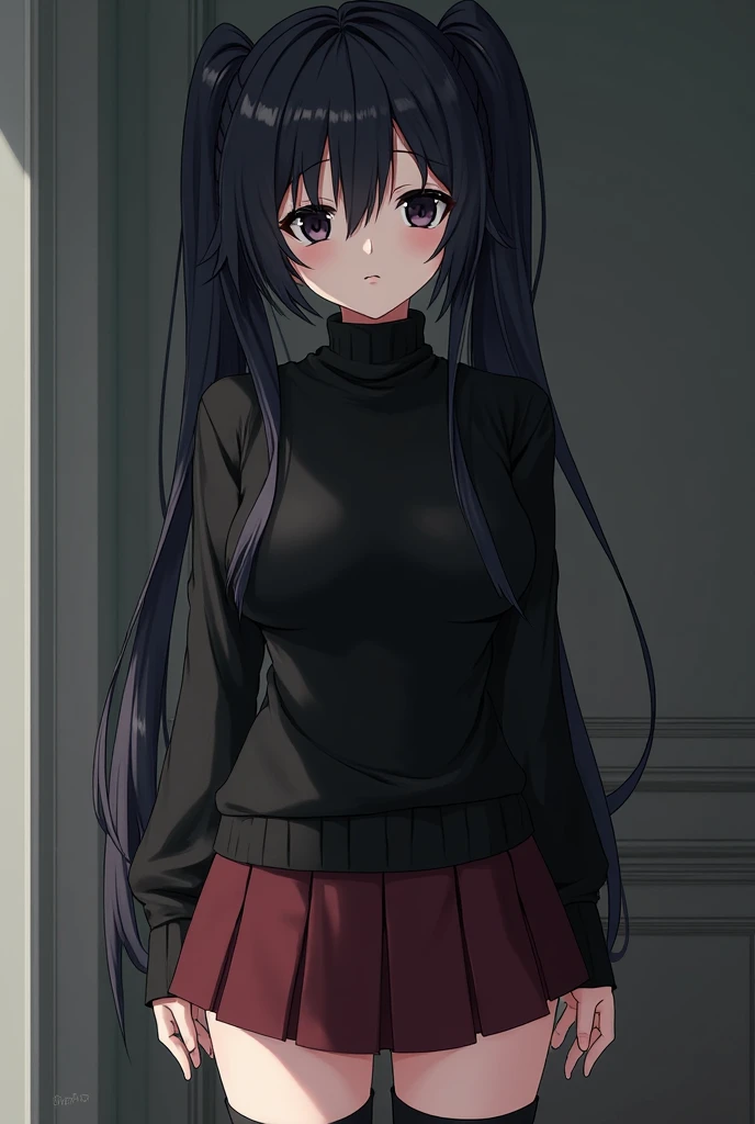 1 anime girl, white pale skin,, black eyes,hairstyle style long twin tails, look would be,black turtleneck sweater,dark red short skirt,black boots,full hands black gloves.black hair