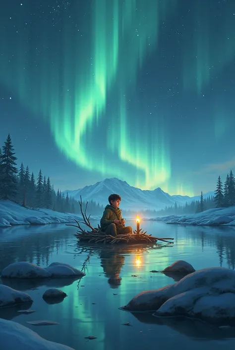 Pico builds a small raft with pieces of ice and branches, using a leaf as a candle. He sets off under the starry sky, with northern lights illuminating his path.