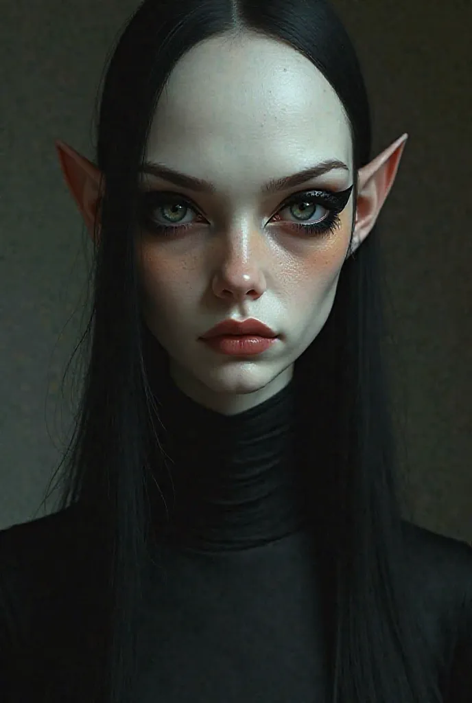 Paint the edges of the eyes black, put gray eyes, a very low orange blush, low ogre lips, long eyelashes and black clothes. 