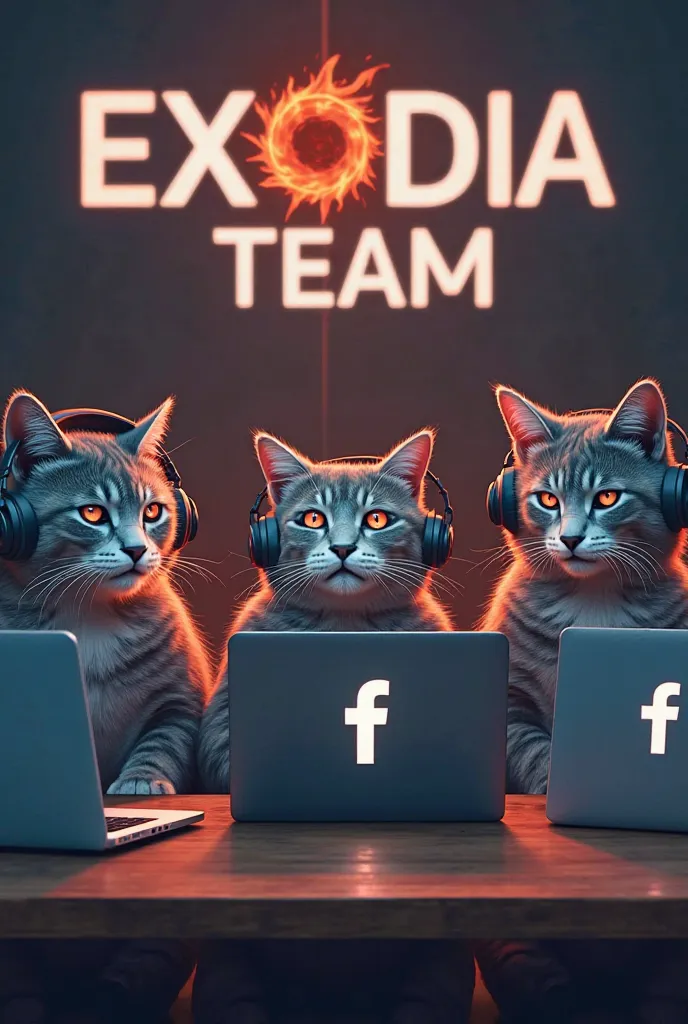 Create an avatar, in which are depicted 
5 cats, who sit at the table, each of them has its own macbook,  headphones , 
 burn a laptop in one of them, in the other red tired eyes, add Google and Facebook logos to their screens behind them BIG INSCRIPTION “...