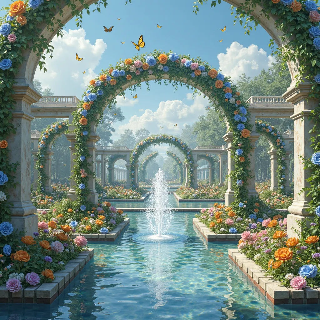 At the height of the day, a garden of impossible flowers extends under a vibrant blue sky, where white clouds cast soft shadows over the living beds. Giant roses with blue and gold petals grow in delicate arches, } entangling white marble pergolas where tr...