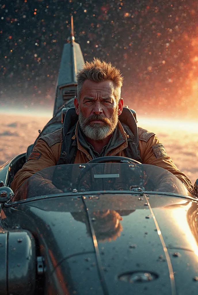 A bearded man rides a convertible in space, to Mars