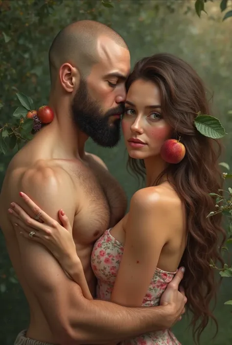 A man with beard and bald head cuddles with a woman with brown long hair and green eyes. you are naked. He covered by an apple, she covered by a peach 