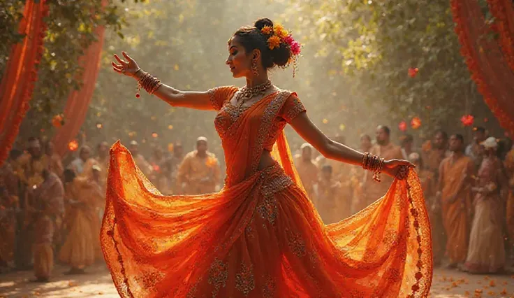 "A seductive Lavani dancer in a nauvari saree, mid-performance, with her hair tied in a traditional bun adorned with flowers. Her rhythmic movements and playful expressions are captivating."