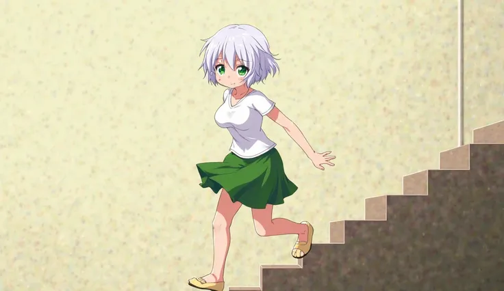 e-girl, hot, waifu, anime style, short hair, white air, green eyes, cute, 3-thirds rule,big tits and wide hips, wearing a white top and a green skirt, walking up a flight of stairs backwards, her ass and panties are visible.