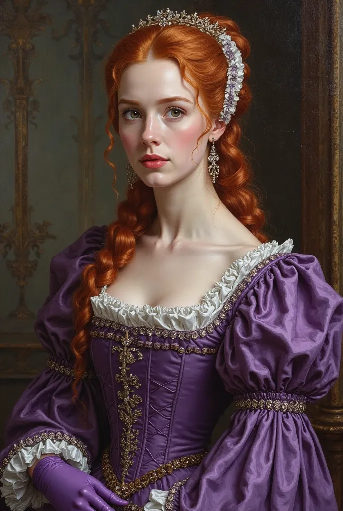 Tudor-era red-haired noble wearing purple dress covering her shoulders with violet gloves 