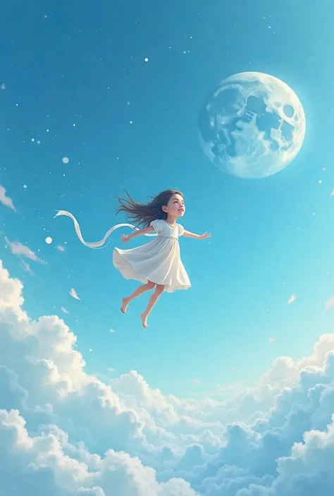 Blue skies and a girl flieng to rhe moon