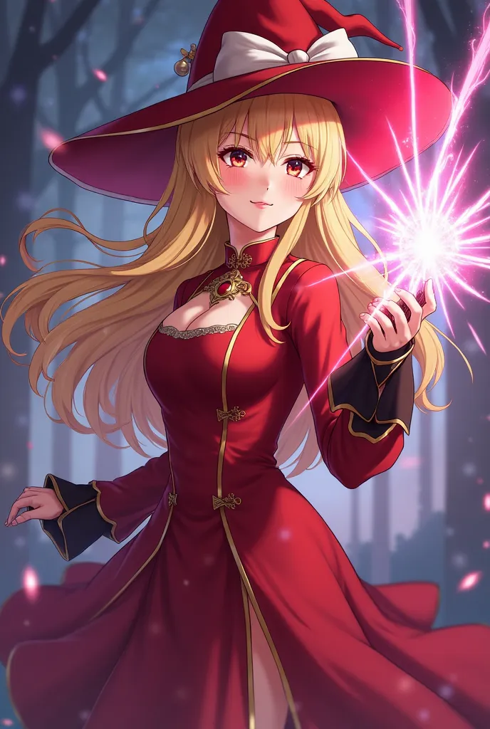 a woman in a red dress and a hat holding a wand, ayaka genshin impact, flirty anime witch casting magic, splash art anime loli, cushart krenz key art feminine, artoria pendragon, , ayaka game genshin impact, epic light novel art cover, mighty plump female ...