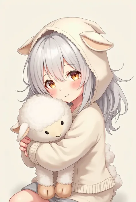  (chico) wearing a sweater and hood with off-white lamb's ears with white hair and lenses hugging a plush lamb, anime image or drawing