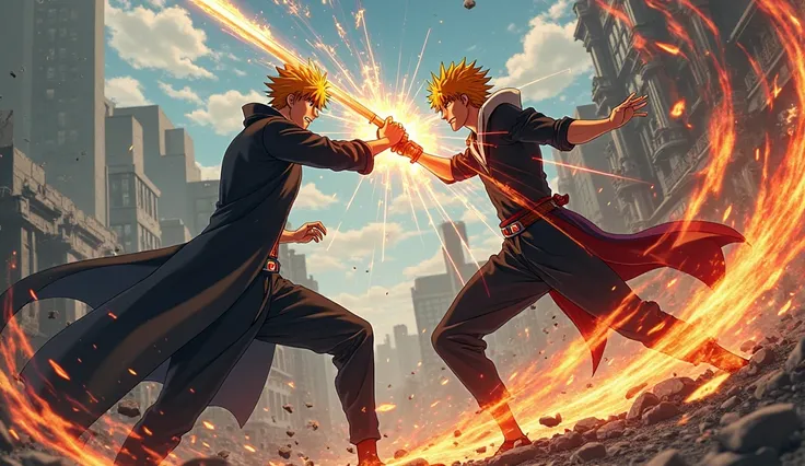 A hyper-realistic anime-style scene of Ichigo Kurosaki slashing Yhwach with a glowing Zangetsu blade, intense battle energy surrounding them