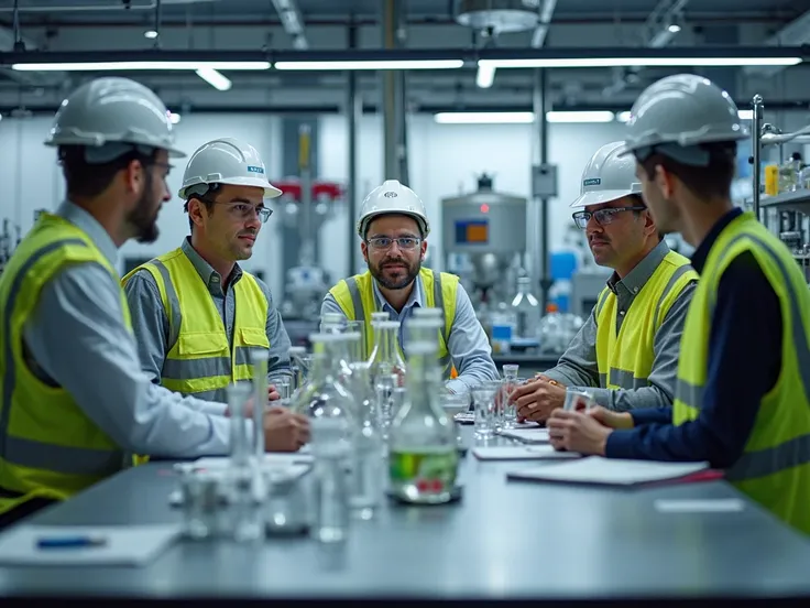 An image that represents a specialized theoretical-practical training of the Department of Chemistry, aimed at industry and companies. The stage is a modern industrial chemical laboratory, where an expert instructor is leading a group of professionals from...