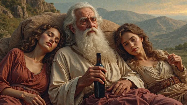 Two women lying down with an old man from the Old Testament with bottle in his hand 