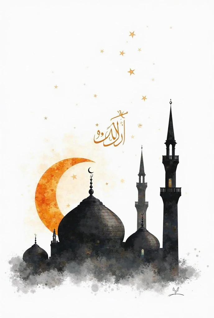 i want a poster for ramadan that has a black mosque with a shiny helal moon and a fanoose on the moon.they should colored by watercolor .the background should be white and there should be a word like this رمضان مبارک in Arabic . the mosque should be in rig...