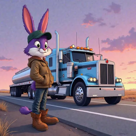 Cartoon drawing of furry purple and white male bunny wearing brown boots, faded black jeans, tan jacket and a dark green cap standing infront of a light blue with black stripe on the side 1987 kenworth w900 flat top sleeper semi truck with a tag axle behin...