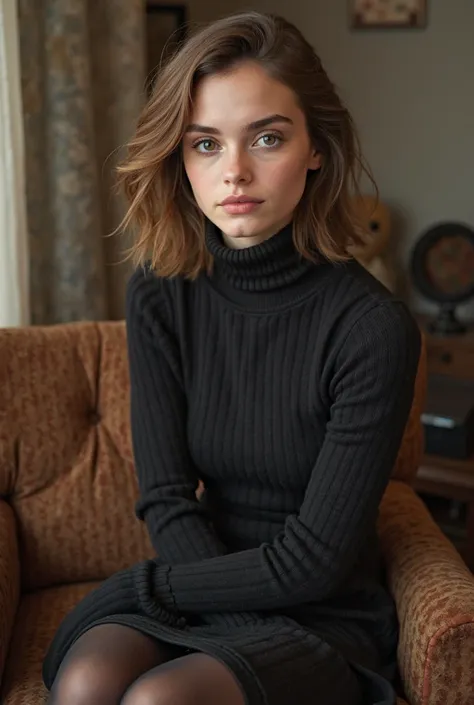 18yo girl who looks similar to Emma Watson, brown eyes, brown hair colour, cute face, she wears a turtleneck and a skirt, black pantyhose, sitting on a chair, crossed legs, wearing  boots, full body portrait, indoors