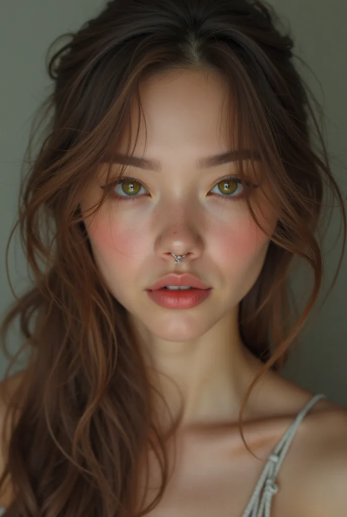 Beautiful mixed hair smooth brown hair green eyes nose piercing 