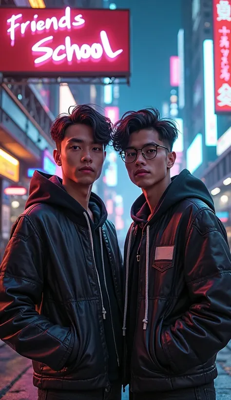 Create an image of two male friends looking at the camera, in a futuristic cyberpunk city full of lights and neon, full hd, 4k, You can see a sign with the text: "FRIENDS SCHOOL "