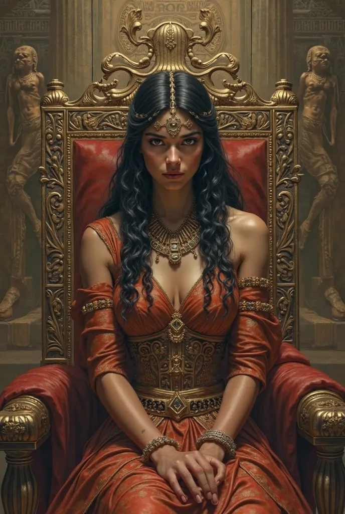 Cleopatra sitting on her throne, a sly smile on her lips, pulling invisible strings like a puppet master, with faint images of Caesar and Antony in the background.