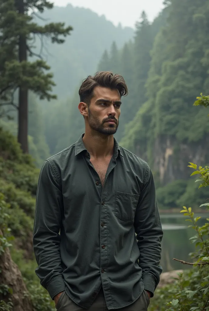 Ultra-realistic image in vertical aspect ratio, unmotivated man outdoors. Pay attention to the scenario, because he must be handsome, Furthermore, the man must be right in the middle of this beautiful setting with a gray aura that overshadows the brightnes...