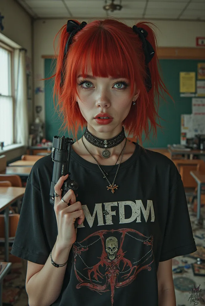 draw me a gothic girl with red hair and bangs, piercings, wears kmfdm tshirt, has a gun, and a school background with chaos