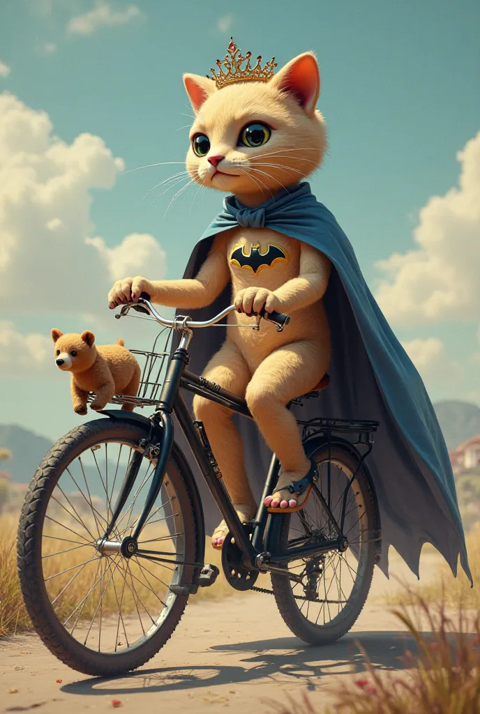 A flip flop on the bike with a cat tiara with the Batiman cape with a walking little bear on the rump 