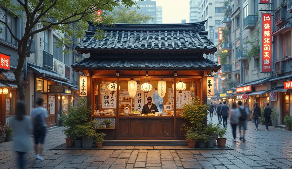 Real realistic image from the front direction . A small tea stall in a corner of a Japanese city