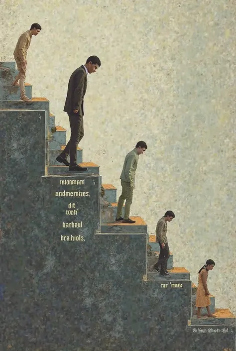 create the image of a person who slips down a staircase or ramp, where each step is labeled with a different judgment related to physical appearance. The person seems more lost or sad as they descend, representing how prejudice based on physical appearance...